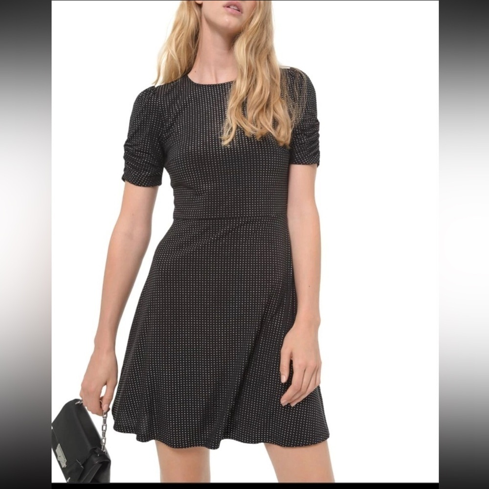 Michael Kors Dress Women A-Line Metallic-Dot Printed Mini Ruched Sleeve Black
